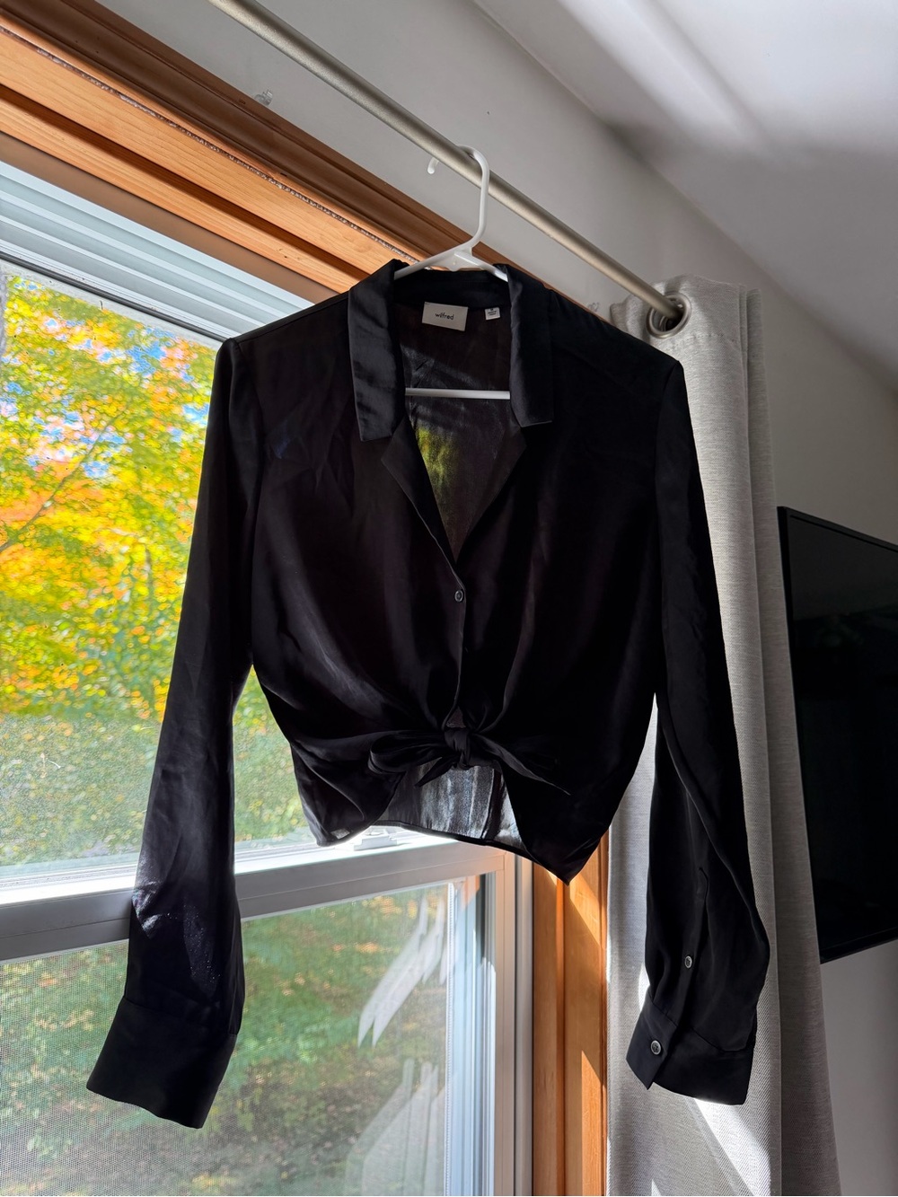 Aritzia Black Satin Tie-Front Blouse